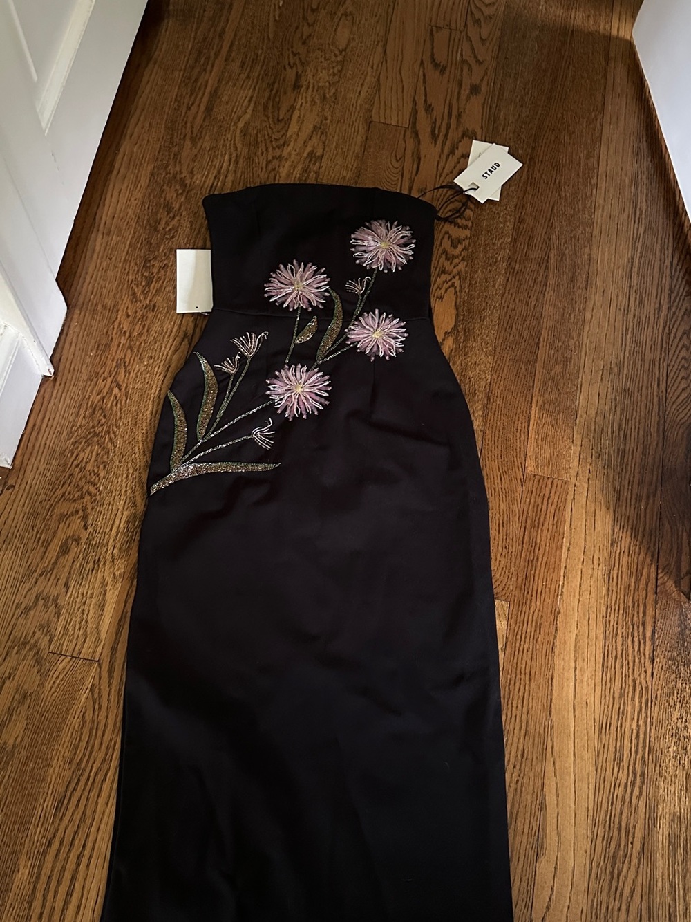 STAUD Black Strapless Dress with Pink Floral Embroidery